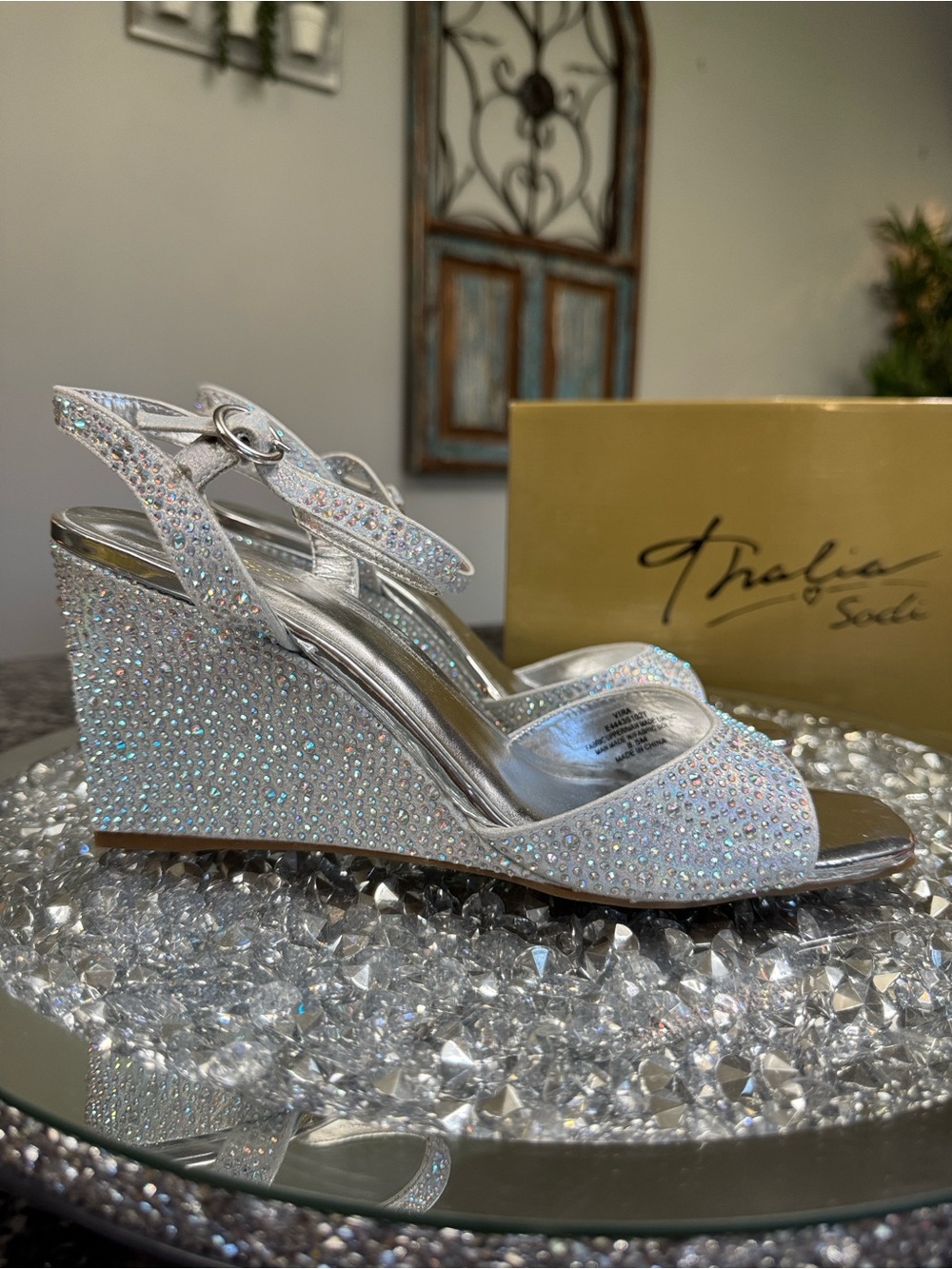 Thalia Sodi Iridescent Crystal Embellished Silver Wedge Sandals